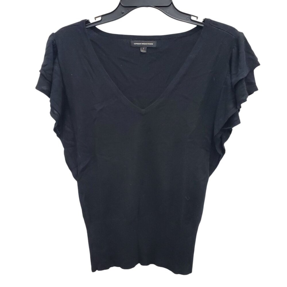 Express Design Studio Women's Y2K Black Flutter Sleeve Banded Hem Knit‎ Top Sz S